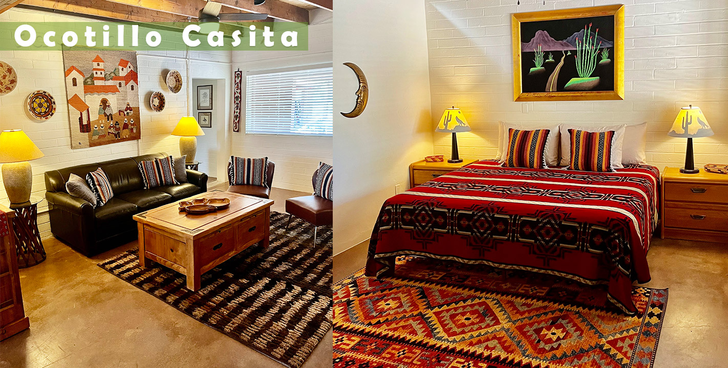 Bedroom and living room of the Ocotillo Casita at Cat Mountain Station