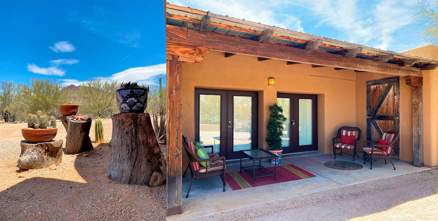 Private outdoor patio and desert mountain views at The Studio rental at Cat Mountain Lodge